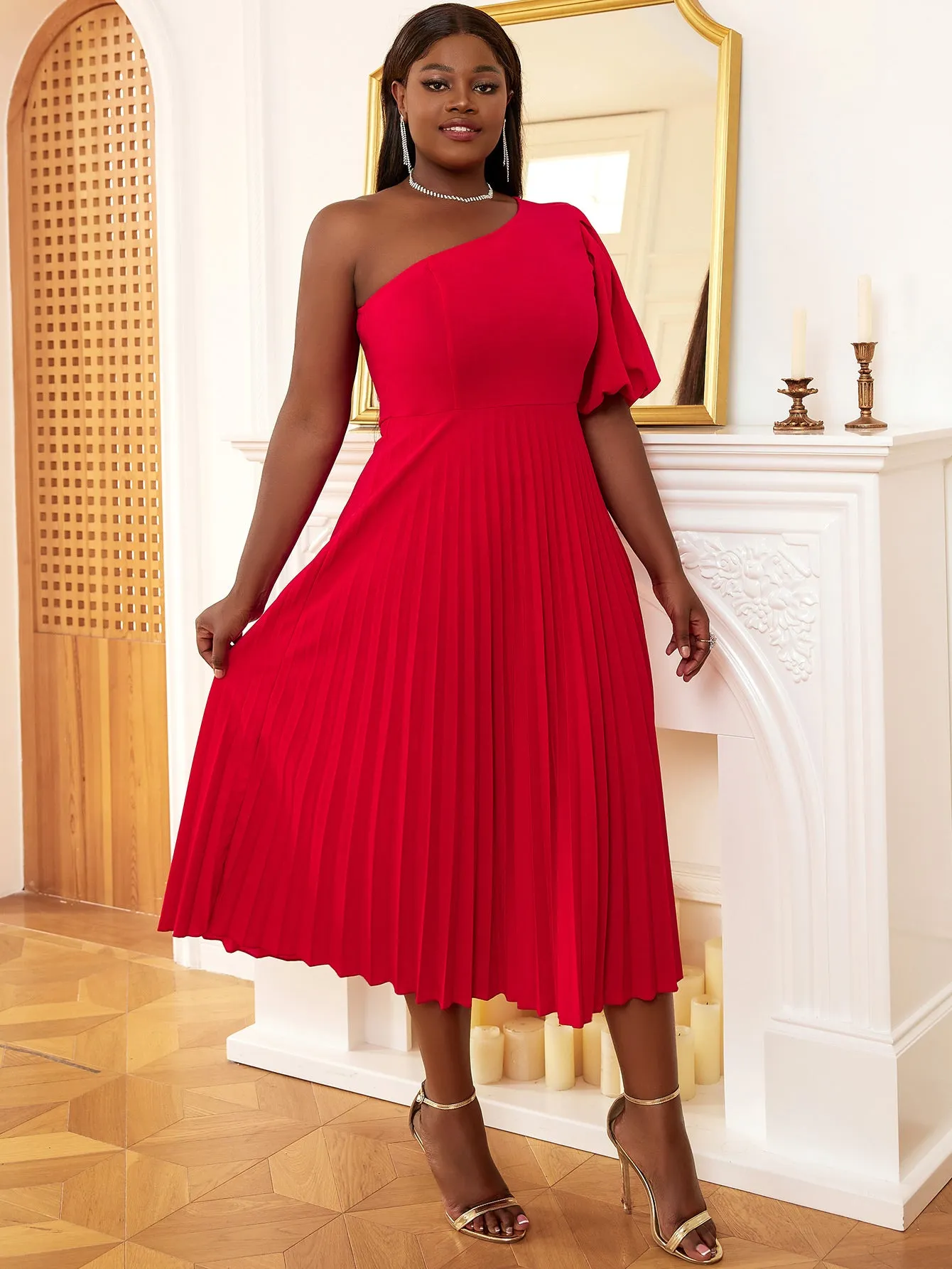 AOMEI One Shoulder Lantern Sleeve Pleated Dress Midi