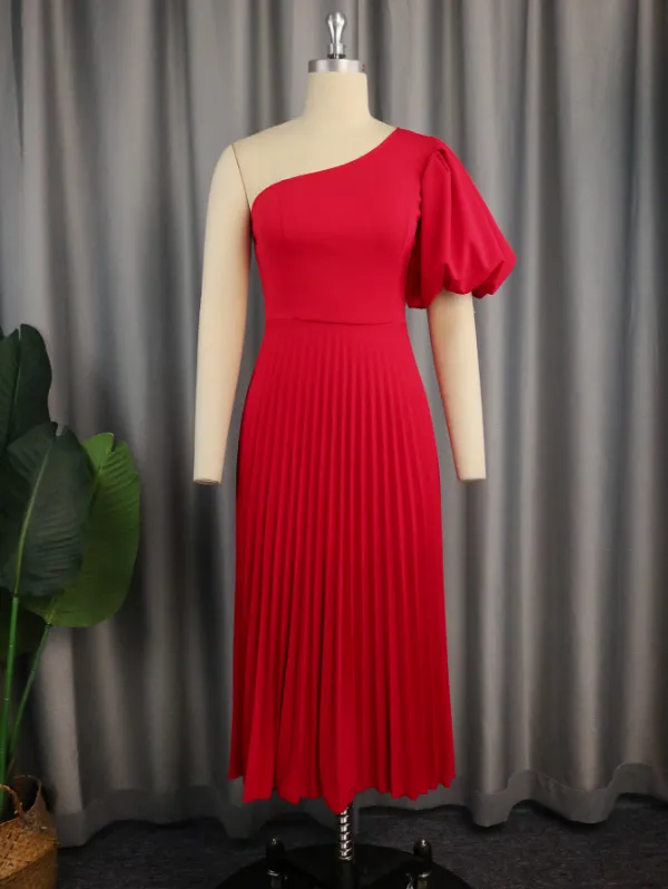 AOMEI One Shoulder Lantern Sleeve Pleated Dress Midi