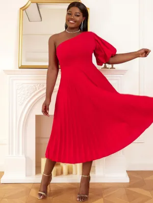 AOMEI One Shoulder Lantern Sleeve Pleated Dress Midi