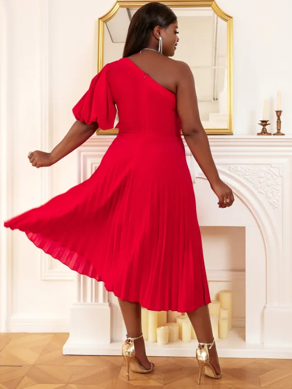 AOMEI One Shoulder Lantern Sleeve Pleated Dress Midi