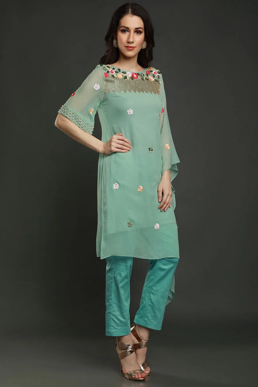Aqua Embroidered Kaftan Kurta & Pants Set