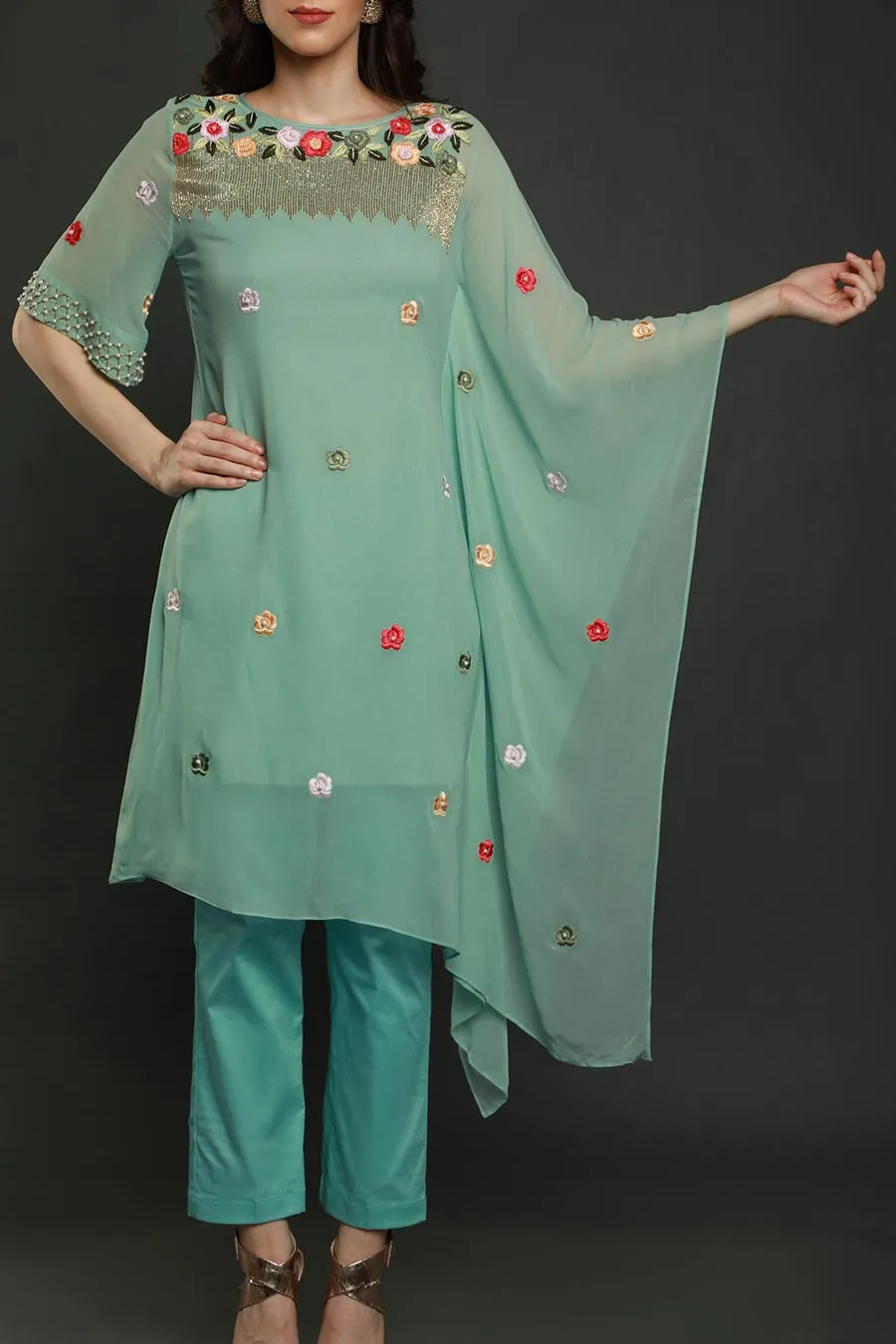 Aqua Embroidered Kaftan Kurta & Pants Set