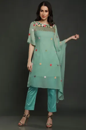 Aqua Embroidered Kaftan Kurta & Pants Set