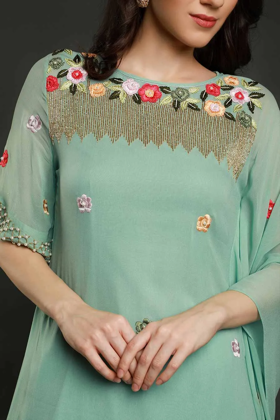 Aqua Embroidered Kaftan Kurta & Pants Set