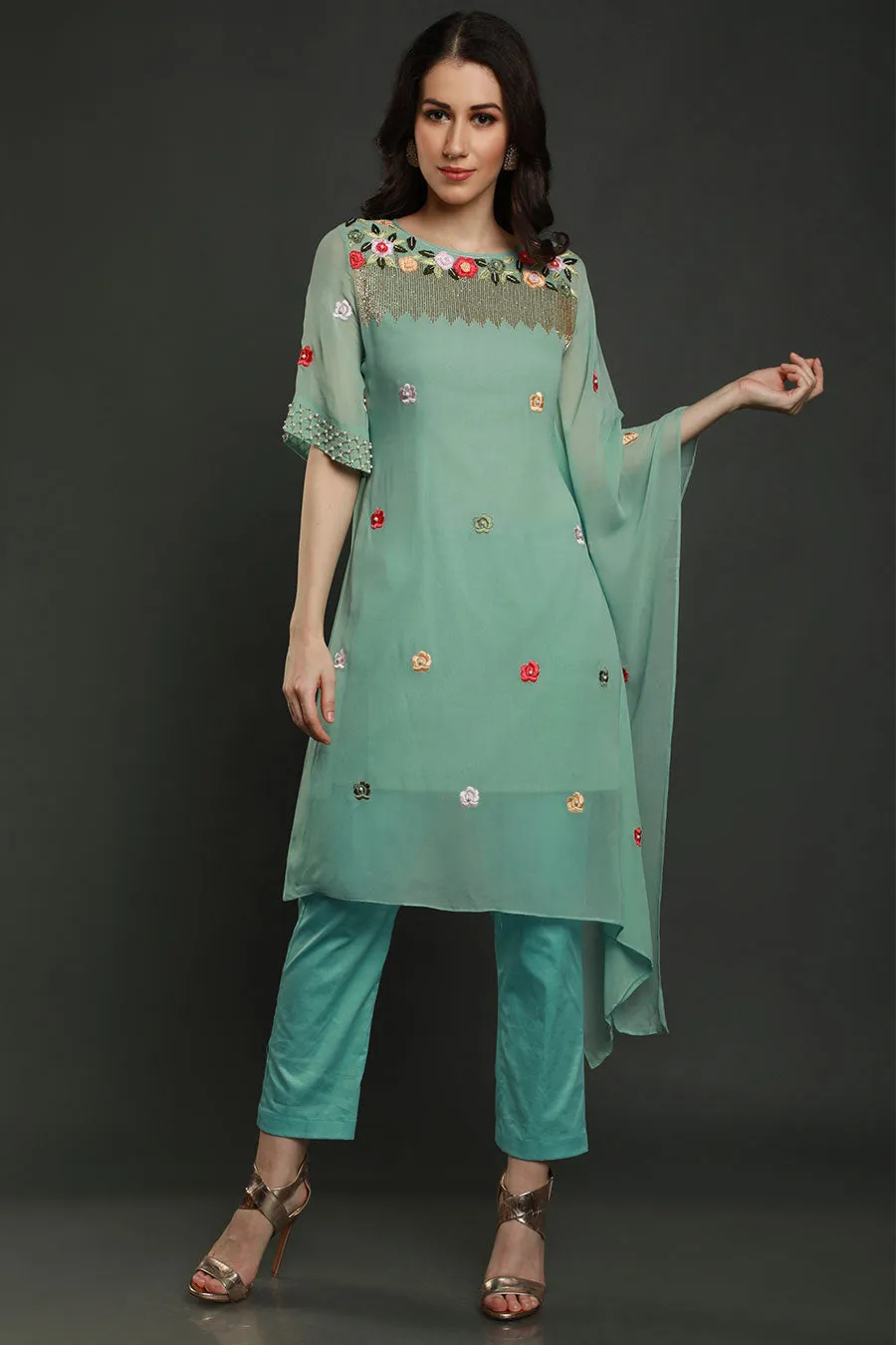 Aqua Embroidered Kaftan Kurta & Pants Set