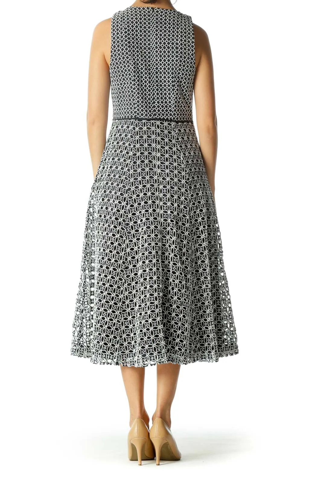 Blue White Round Neck Eyelet Cinched Waist Knit Dress