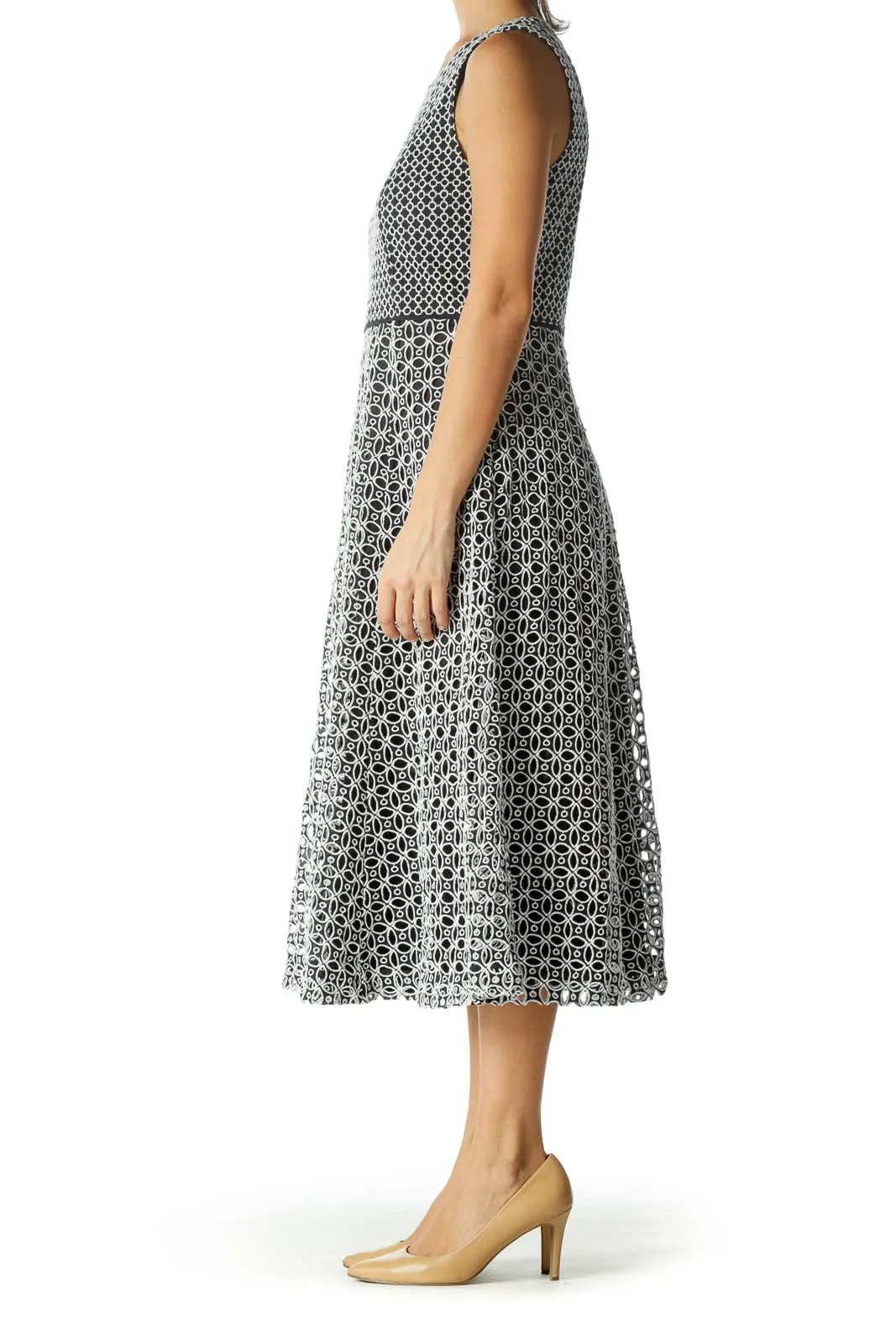 Blue White Round Neck Eyelet Cinched Waist Knit Dress