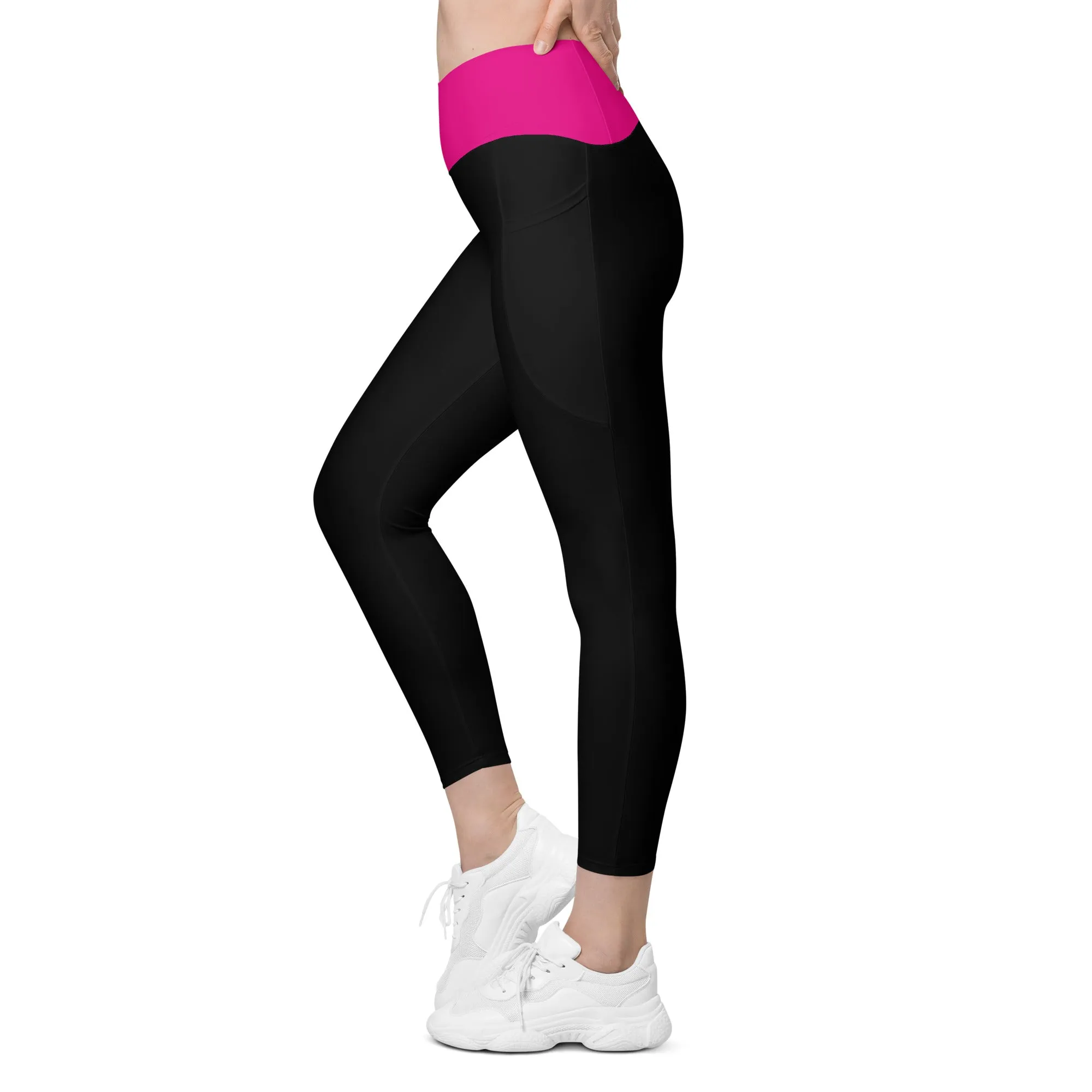 Breast Cancer "Caregiver" Crossover Waist Leggings with Pockets (Black/Pink)