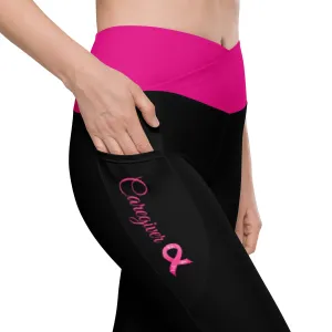 Breast Cancer "Caregiver" Crossover Waist Leggings with Pockets (Black/Pink)