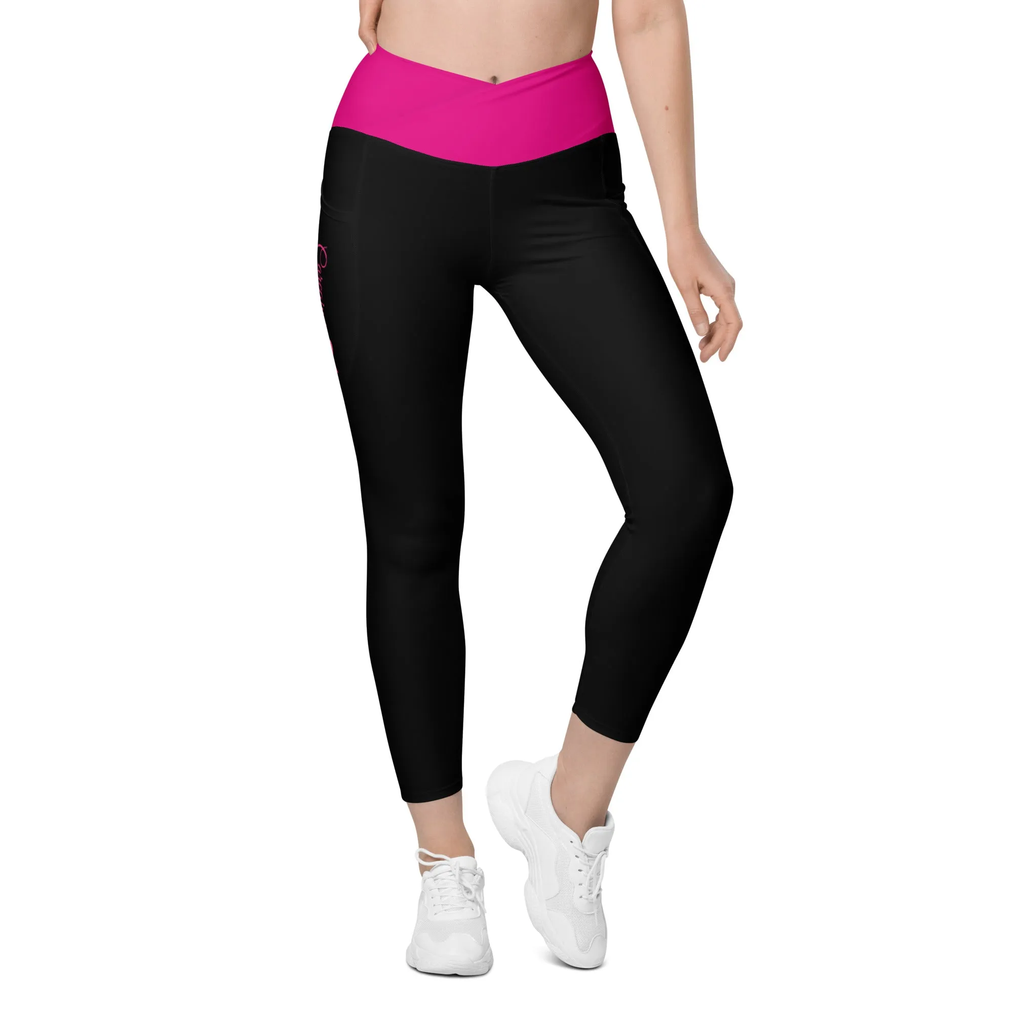 Breast Cancer "Caregiver" Crossover Waist Leggings with Pockets (Black/Pink)