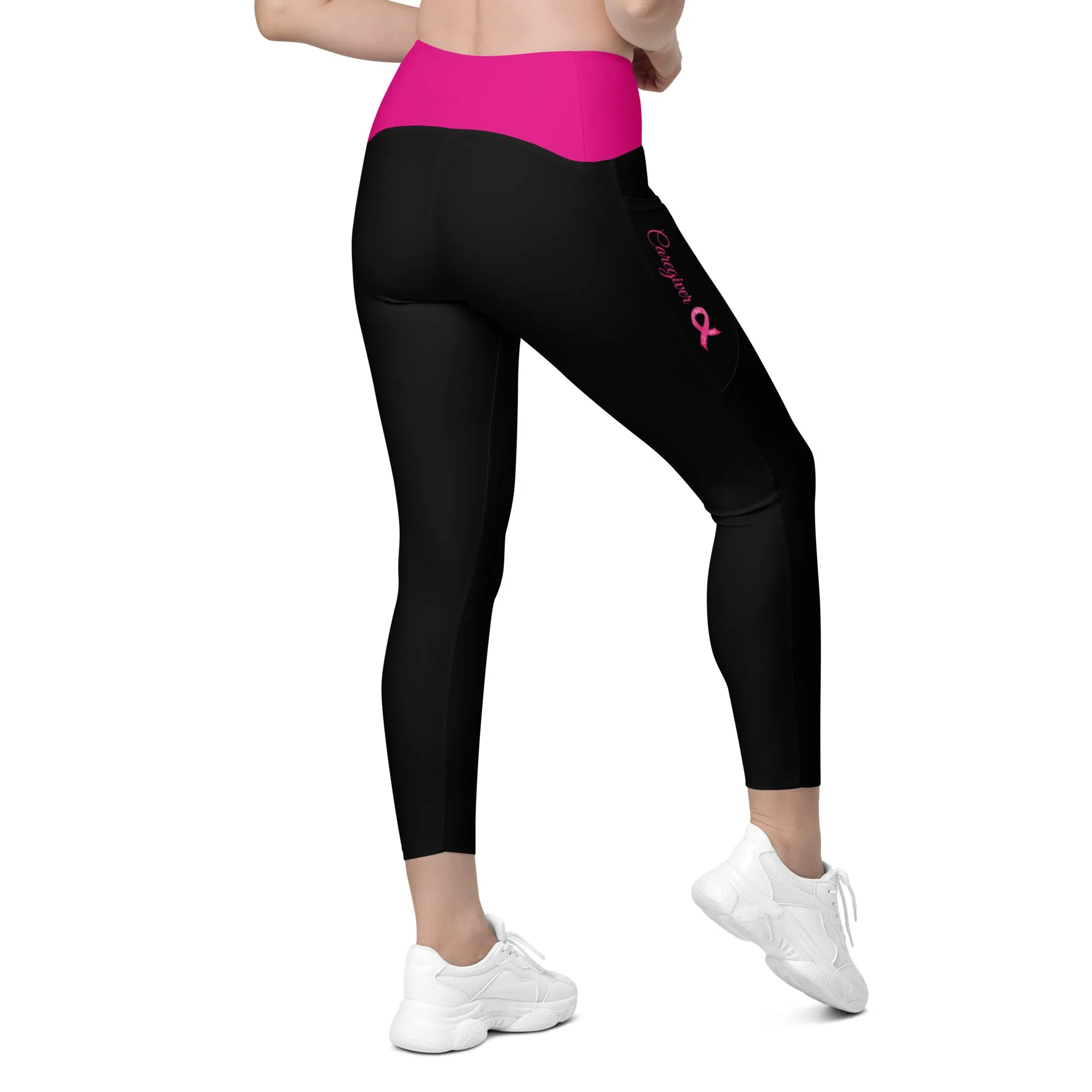 Breast Cancer "Caregiver" Crossover Waist Leggings with Pockets (Black/Pink)