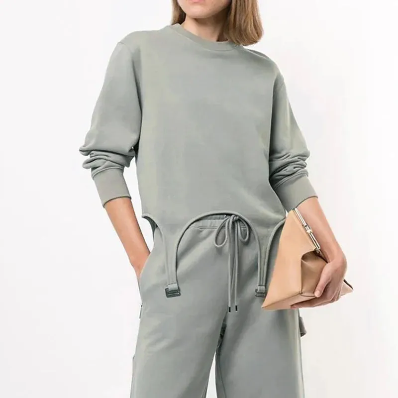 Casual Pullovers For Women Loose Round Neck Long Sleeve Asymmetrical Hem Straight Sweatshirts Female Spring