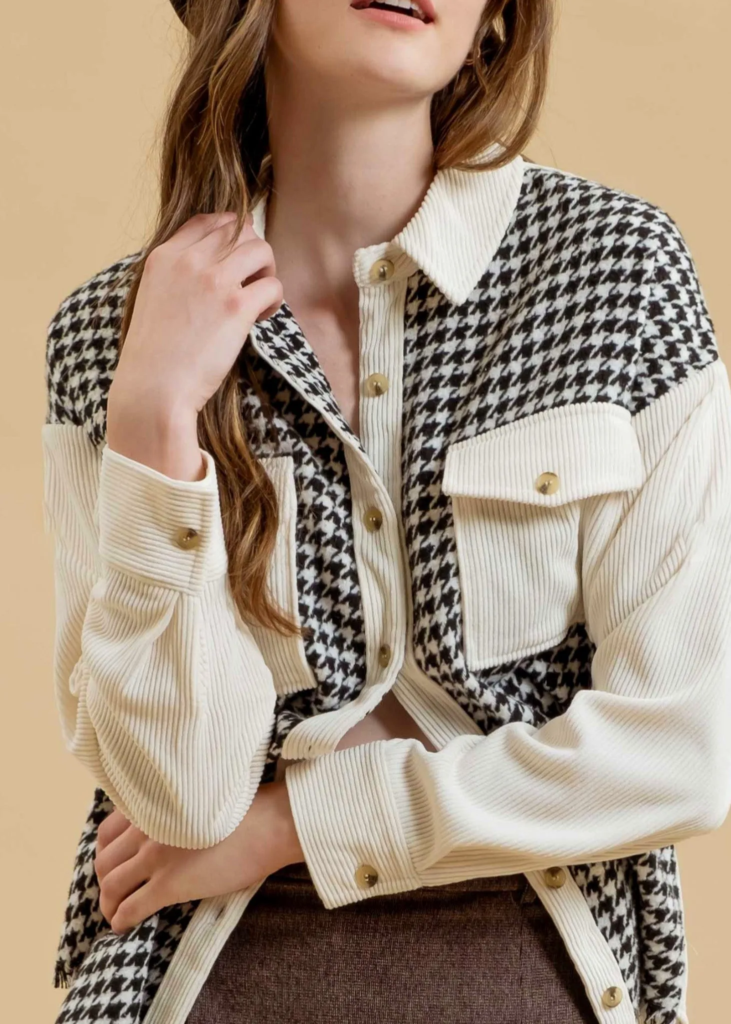 Cedar, Womens, Houndstooth Shacket, Long Sleeve, Black/Cream