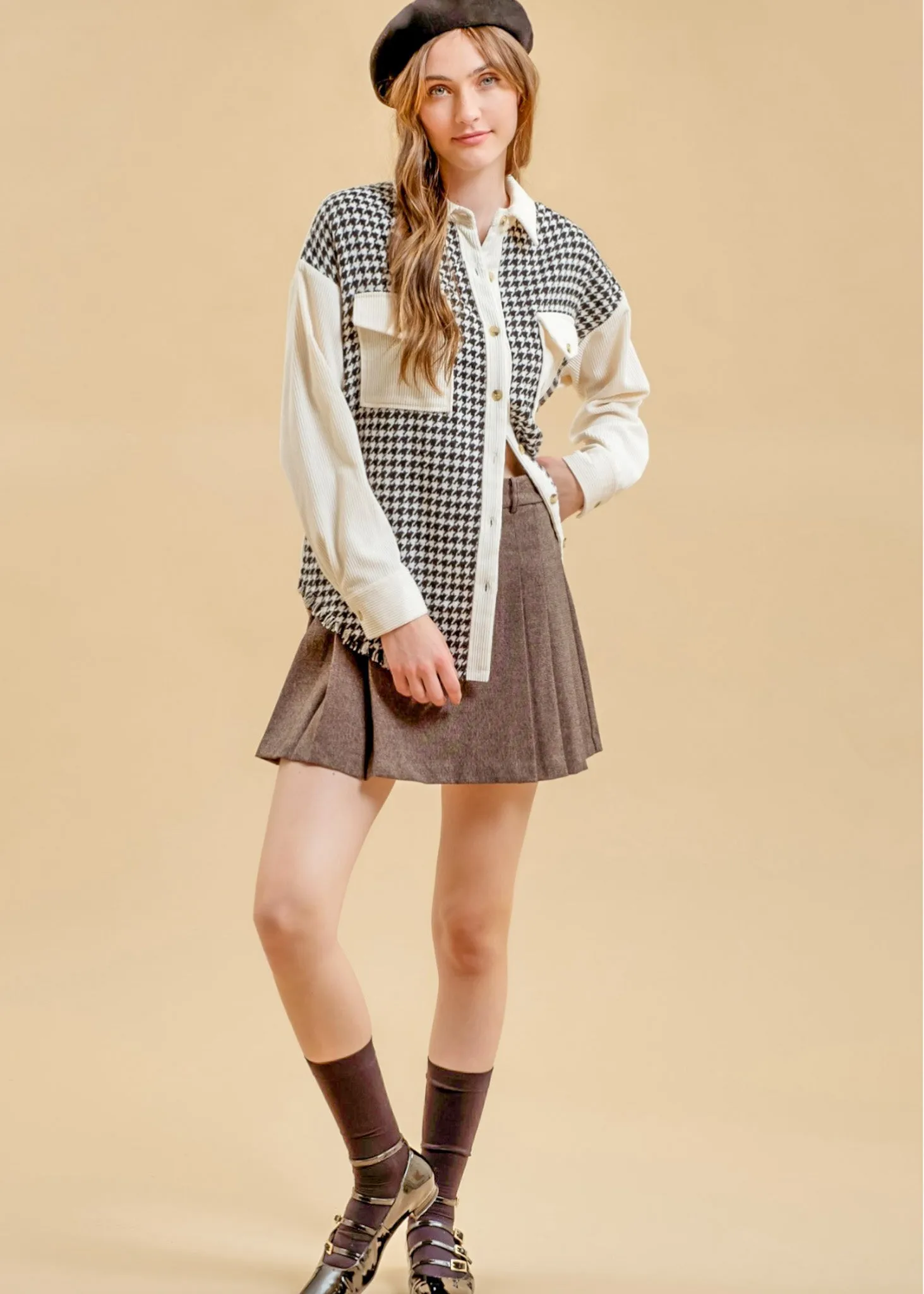 Cedar, Womens, Houndstooth Shacket, Long Sleeve, Black/Cream