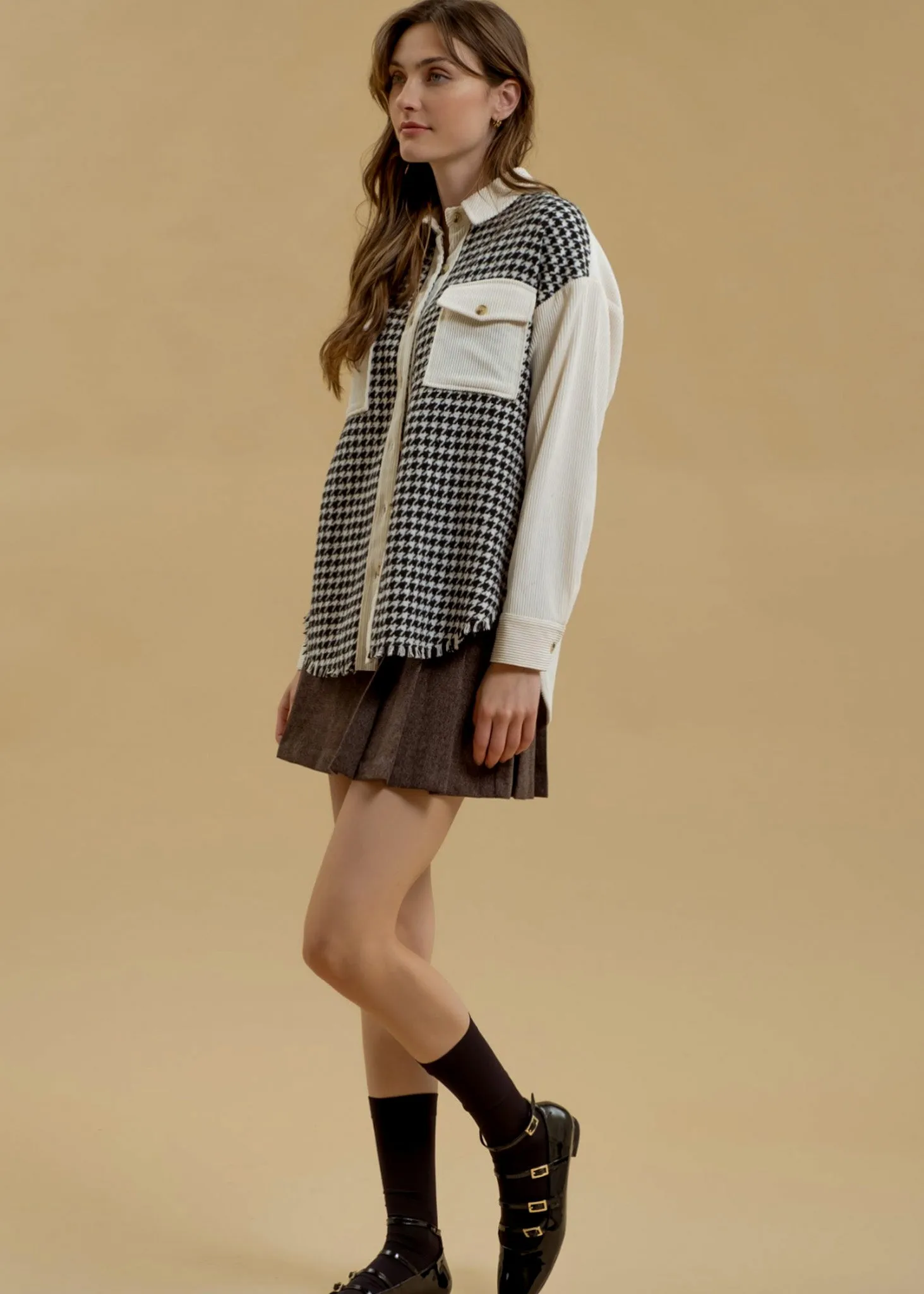 Cedar, Womens, Houndstooth Shacket, Long Sleeve, Black/Cream