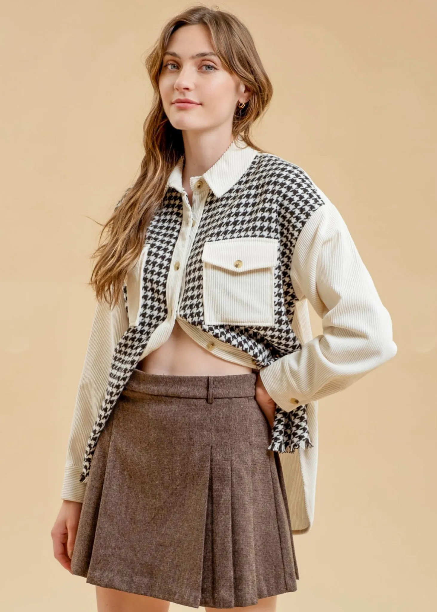 Cedar, Womens, Houndstooth Shacket, Long Sleeve, Black/Cream