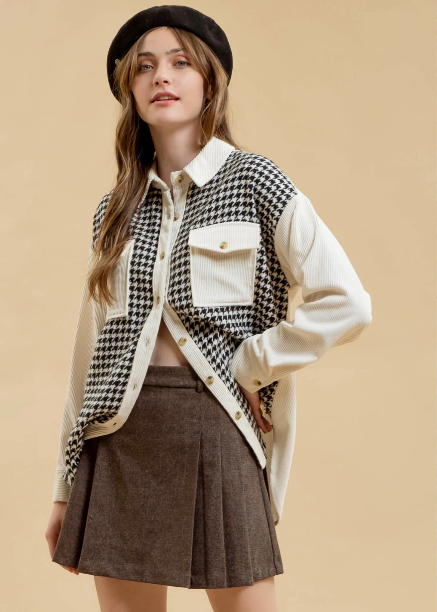 Cedar, Womens, Houndstooth Shacket, Long Sleeve, Black/Cream