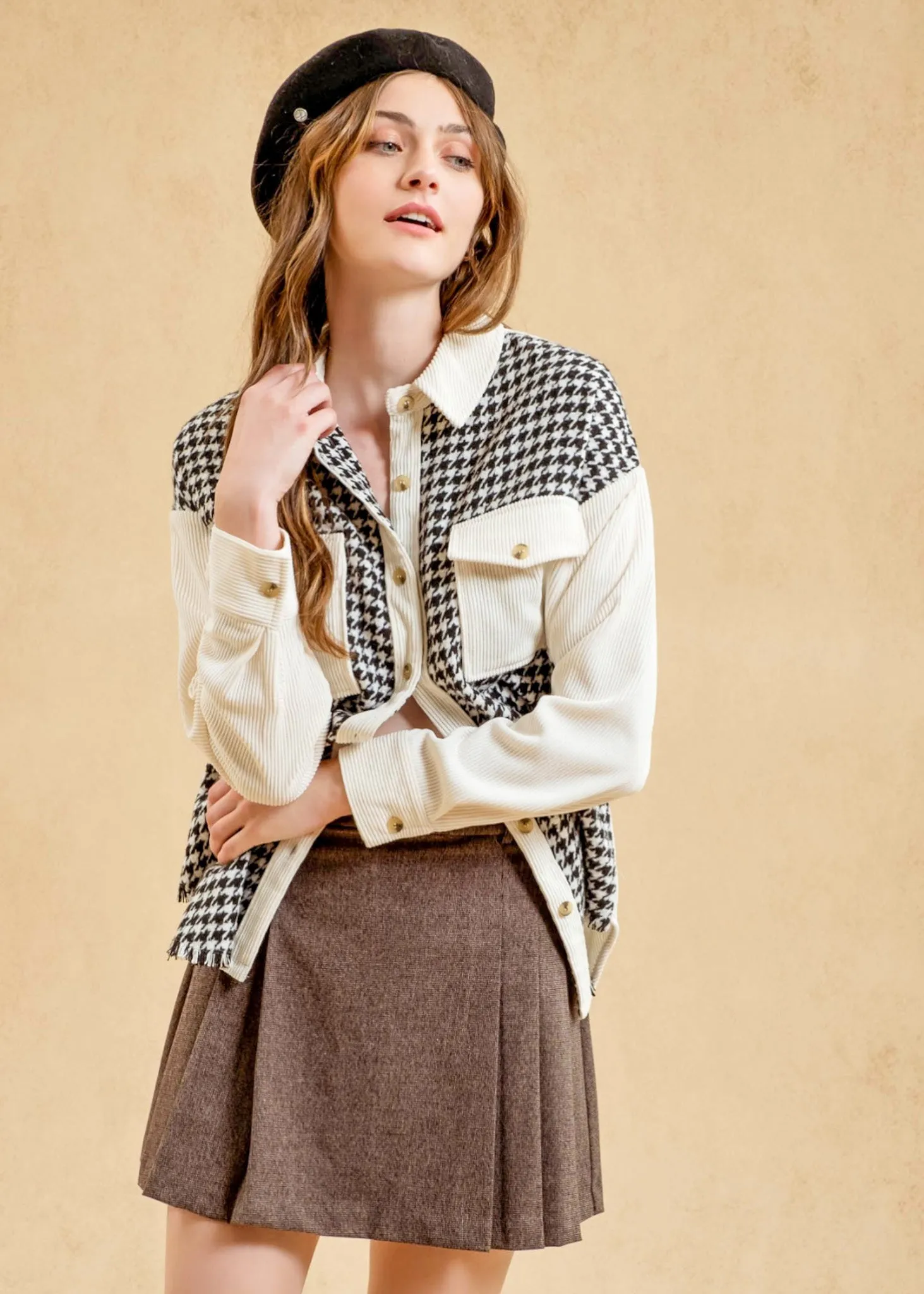 Cedar, Womens, Houndstooth Shacket, Long Sleeve, Black/Cream