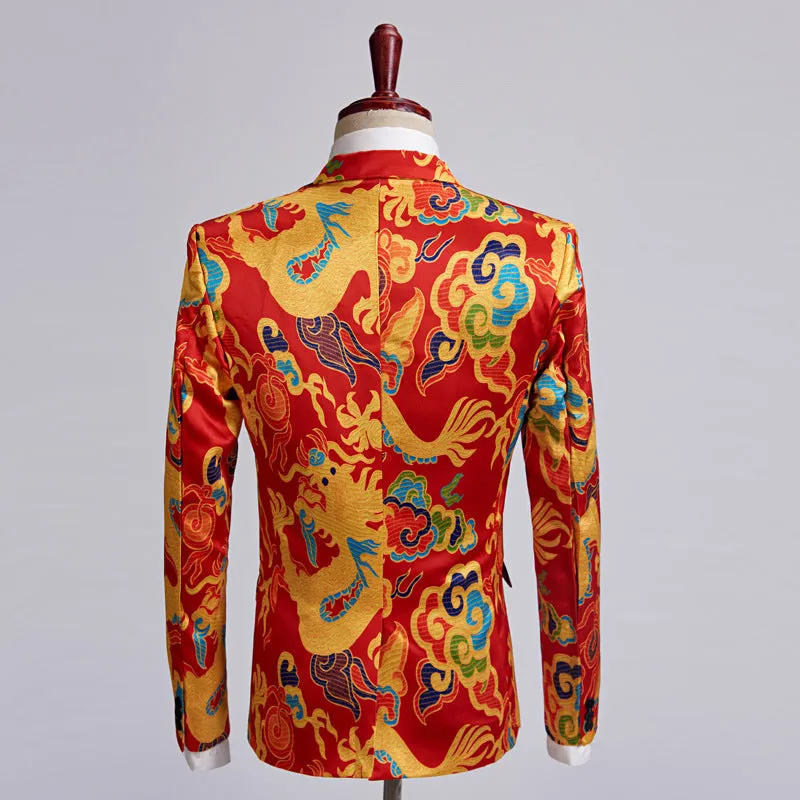 Chinese Red Gold Dragon Casual Design Men Stage Blazer