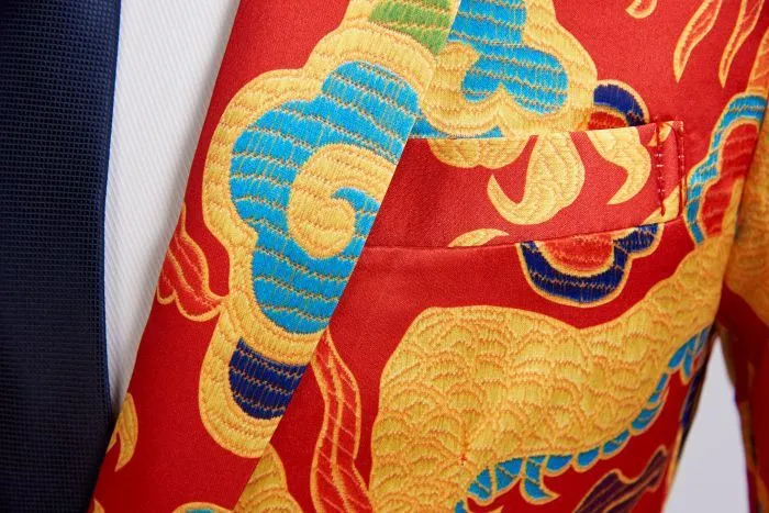 Chinese Red Gold Dragon Casual Design Men Stage Blazer