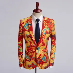 Chinese Red Gold Dragon Casual Design Men Stage Blazer