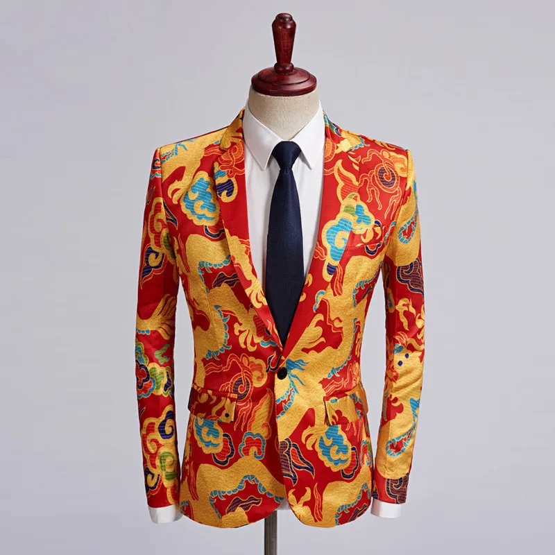 Chinese Red Gold Dragon Casual Design Men Stage Blazer
