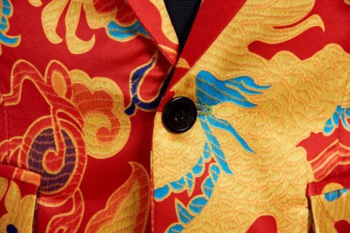 Chinese Red Gold Dragon Casual Design Men Stage Blazer