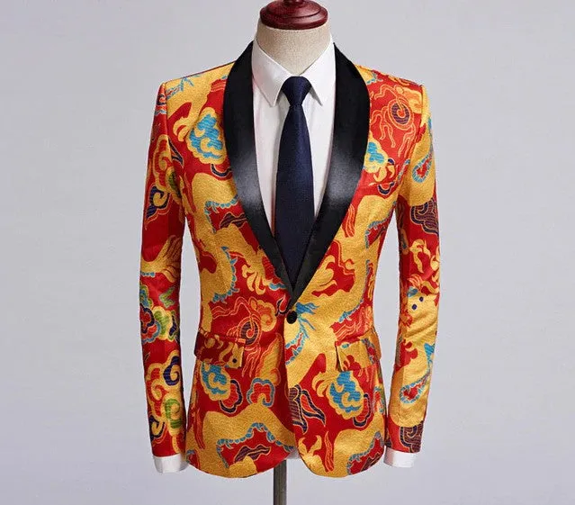 Chinese Red Gold Dragon Casual Design Men Stage Blazer