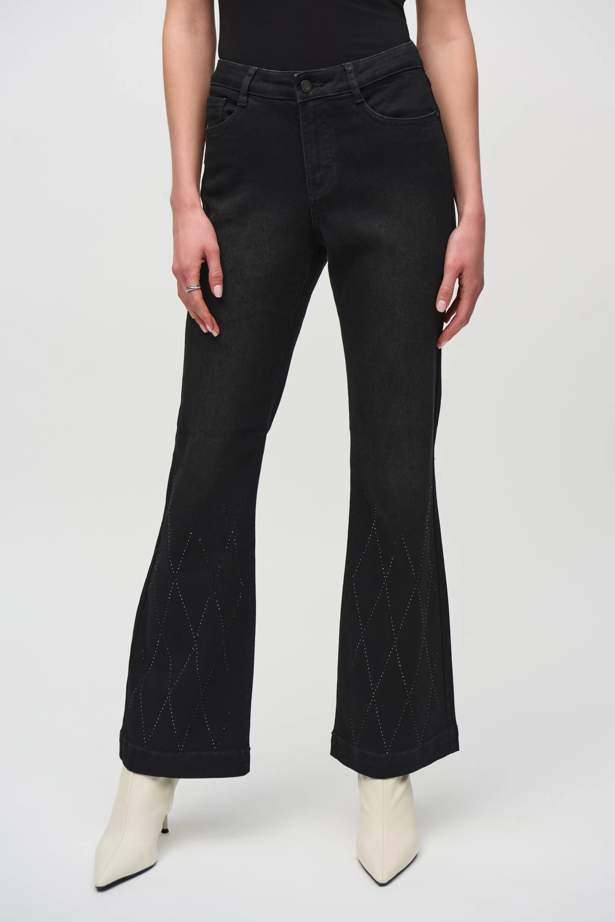 Classic Flared Denim Pants with Rhinestone Detail