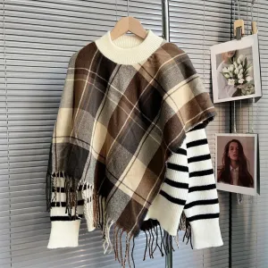 Colorblock Striped Patchwork Plaid Shawl Casual Knitting Sweaters For Women Round Neck Long Sleeve Sweater Female