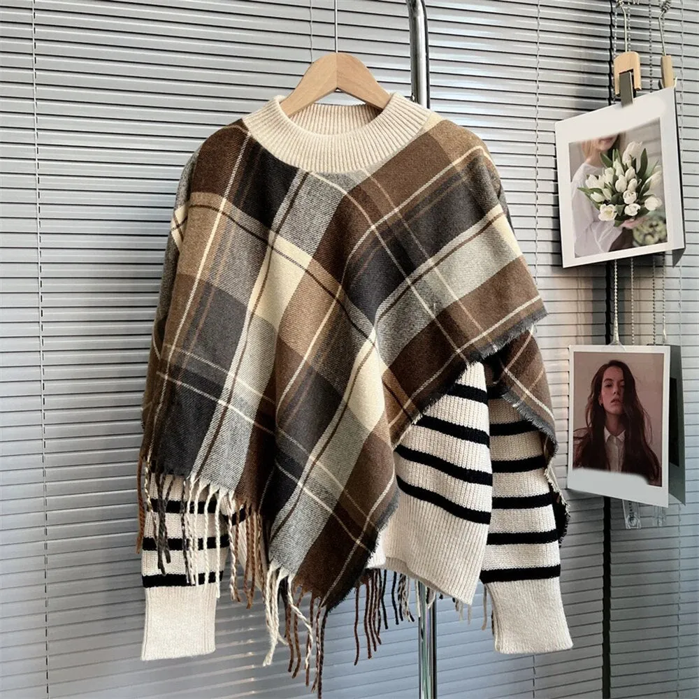 Colorblock Striped Patchwork Plaid Shawl Casual Knitting Sweaters For Women Round Neck Long Sleeve Sweater Female
