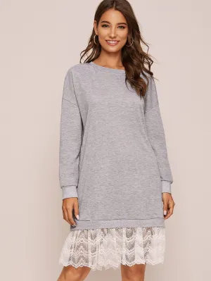 Contrast Lace Hem Sweatshirt Dress