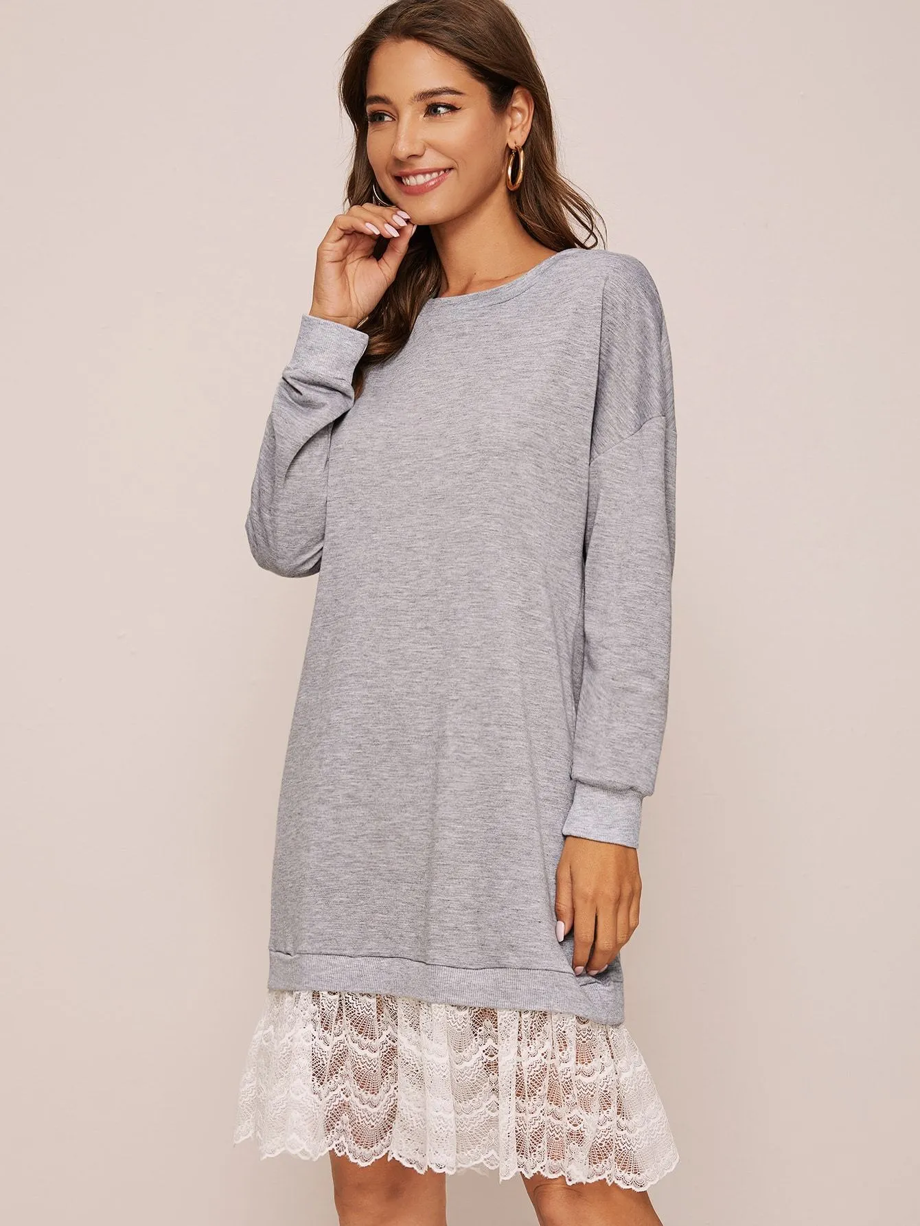 Contrast Lace Hem Sweatshirt Dress