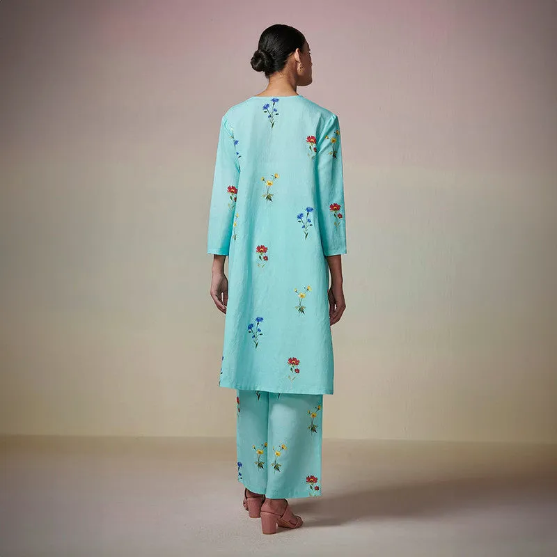 Cotton Linen Printed Kurta Set for Women | Blue
