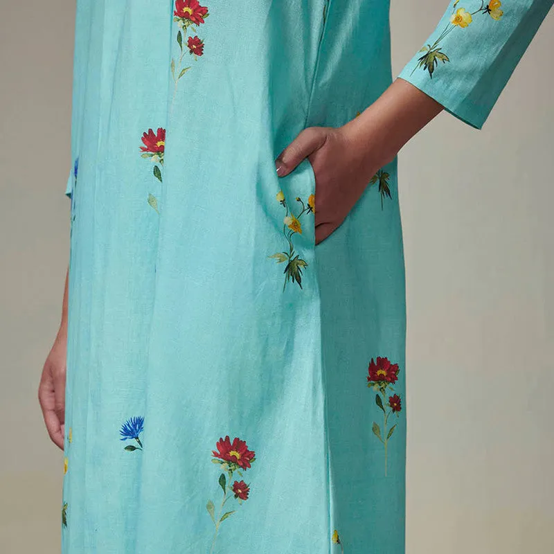 Cotton Linen Printed Kurta Set for Women | Blue