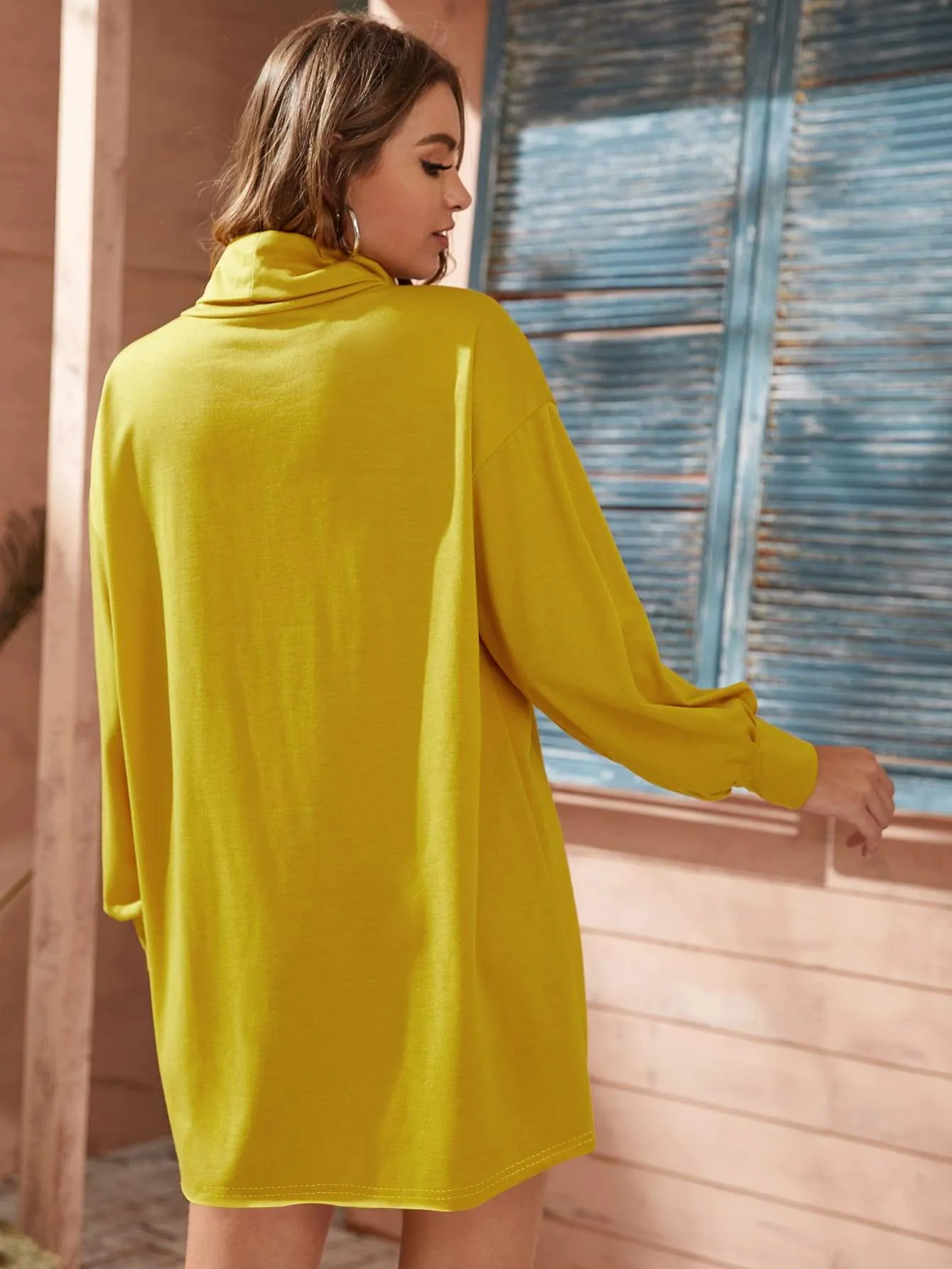 Cowl Neck Puff Sleeve Sweatshirt Dress