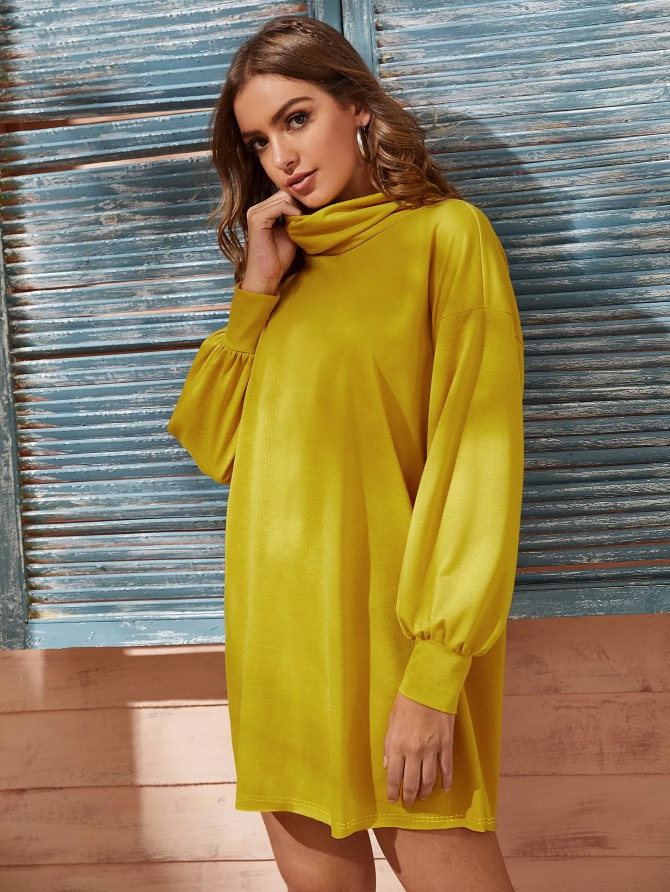 Cowl Neck Puff Sleeve Sweatshirt Dress
