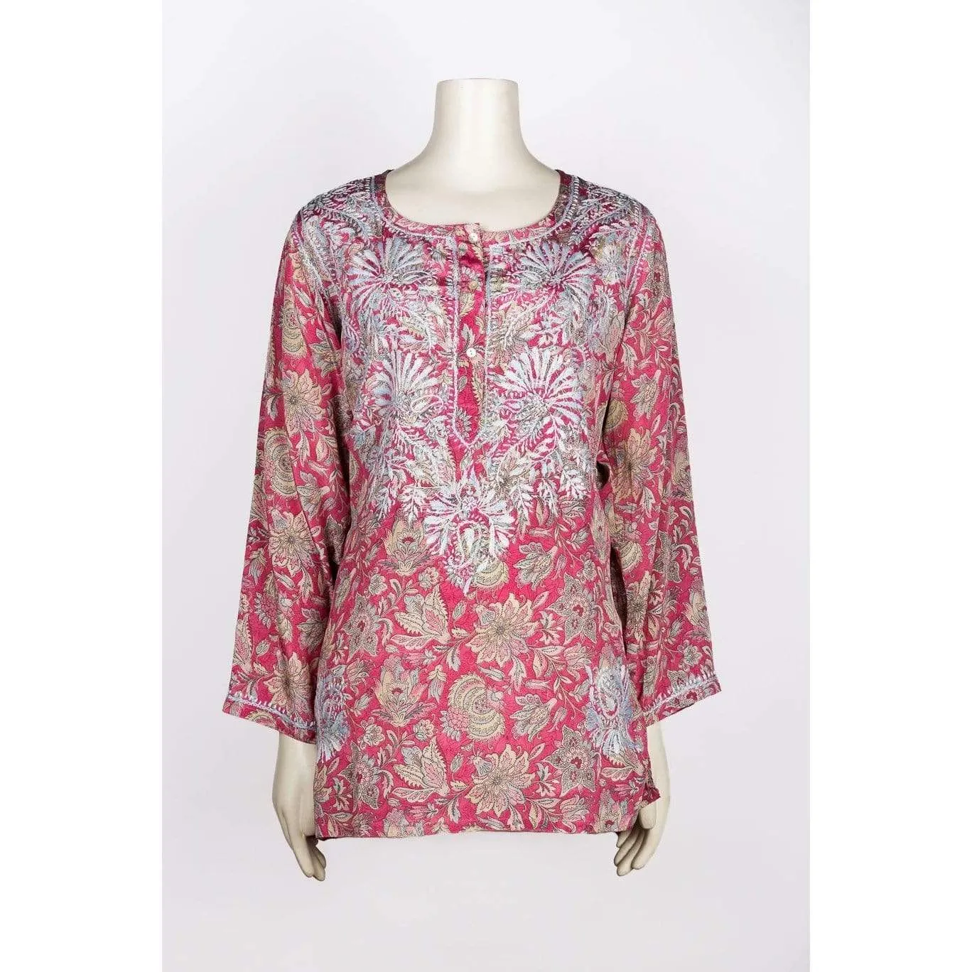 Dolma Pink/Grey Hand Embroidered Silk Blend Tunic