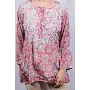 Dolma Pink/Grey Hand Embroidered Silk Blend Tunic
