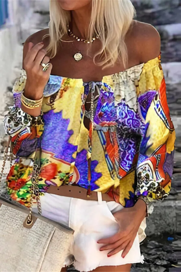 Dunnmall Fashion Off The Shoulder Multicolor Chiffon Blouse