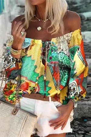 Dunnmall Fashion Off The Shoulder Multicolor Chiffon Blouse