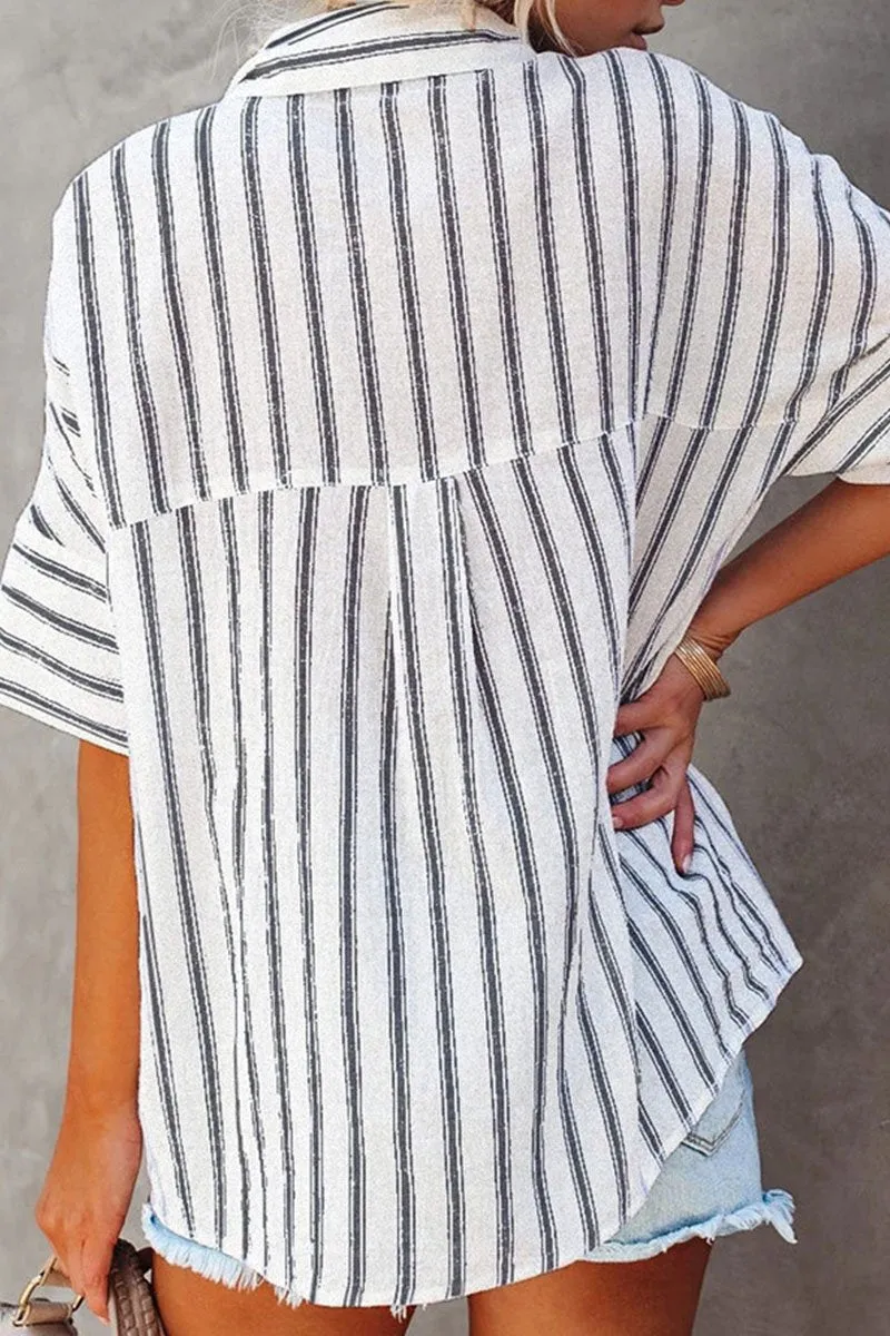 Dunnmall Fashion Striped Split Joint Turndown Collar Tops(4 Colors)