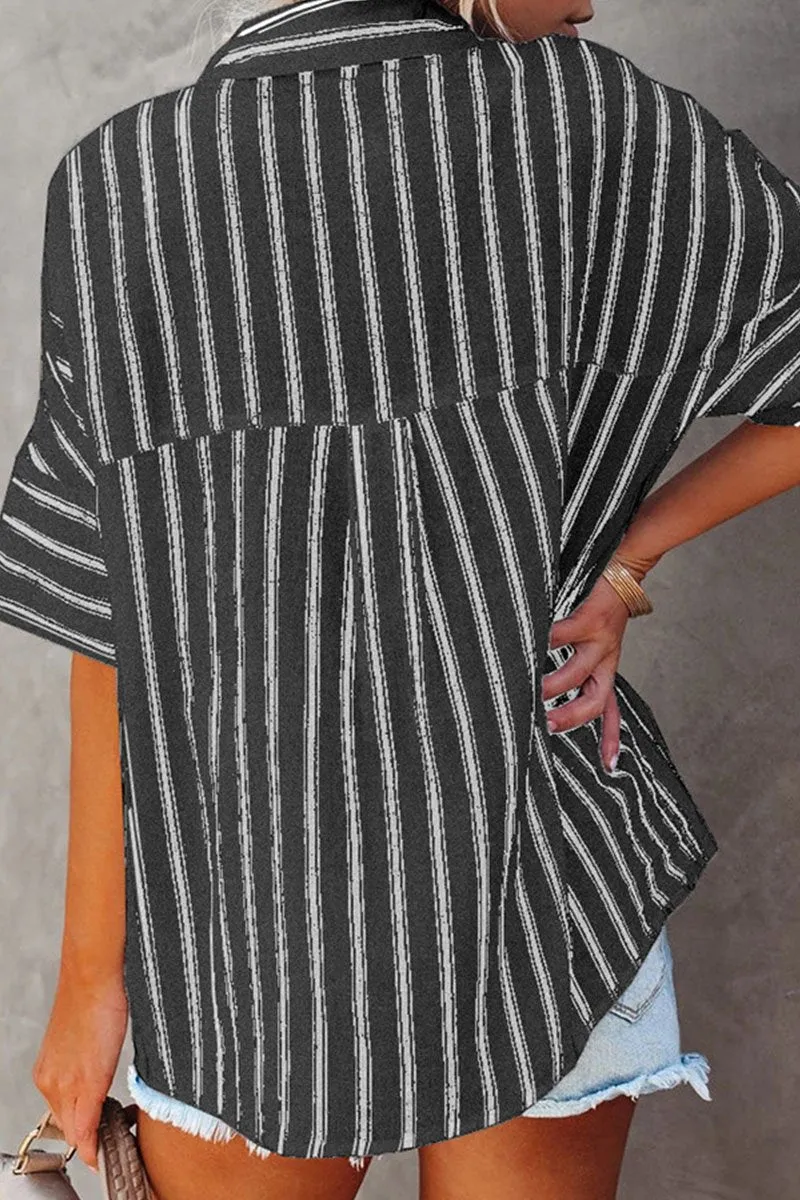 Dunnmall Fashion Striped Split Joint Turndown Collar Tops(4 Colors)