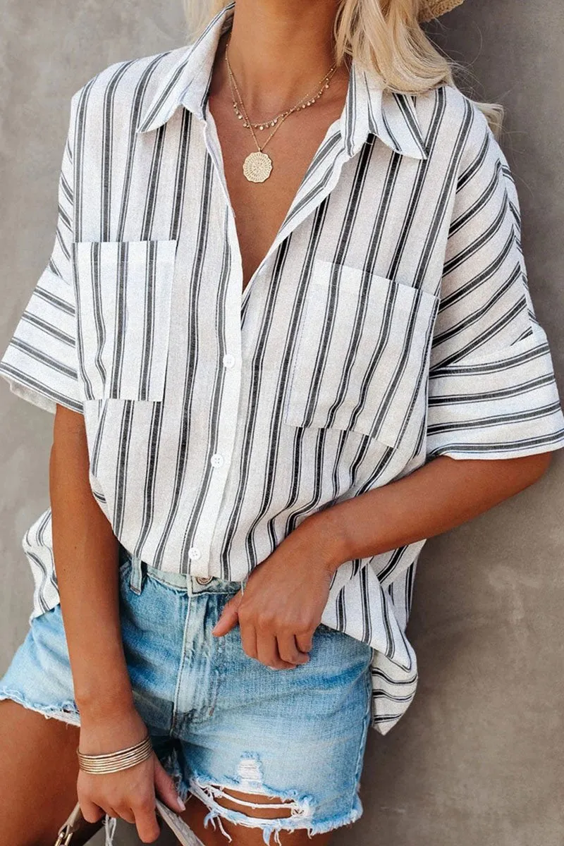 Dunnmall Fashion Striped Split Joint Turndown Collar Tops(4 Colors)
