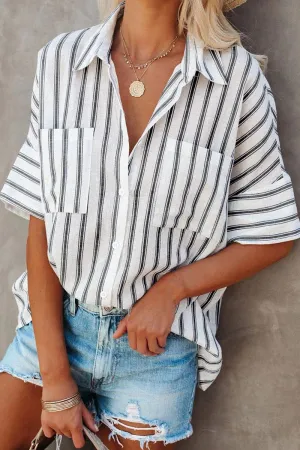 Dunnmall Fashion Striped Split Joint Turndown Collar Tops(4 Colors)