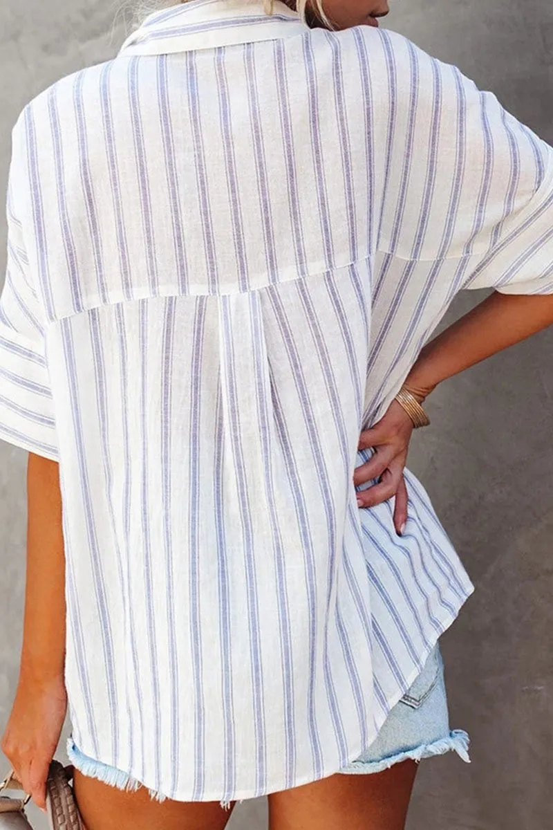 Dunnmall Fashion Striped Split Joint Turndown Collar Tops(4 Colors)