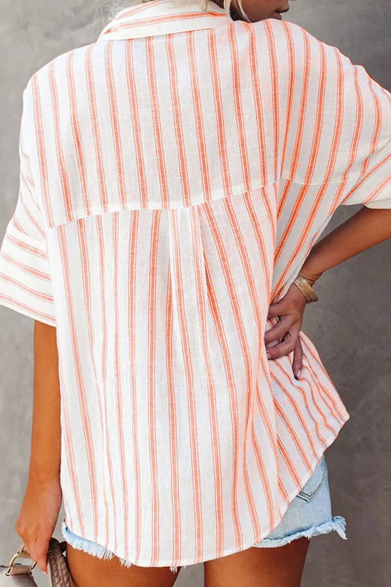 Dunnmall Fashion Striped Split Joint Turndown Collar Tops(4 Colors)