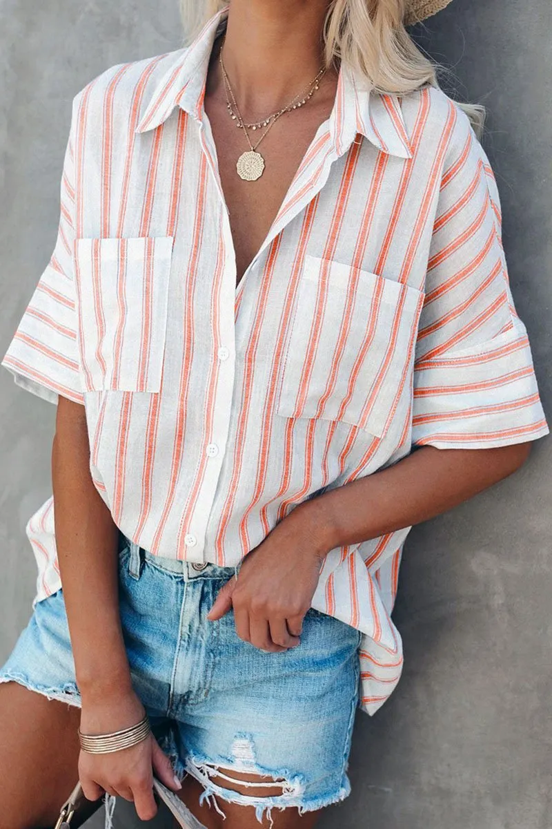 Dunnmall Fashion Striped Split Joint Turndown Collar Tops(4 Colors)