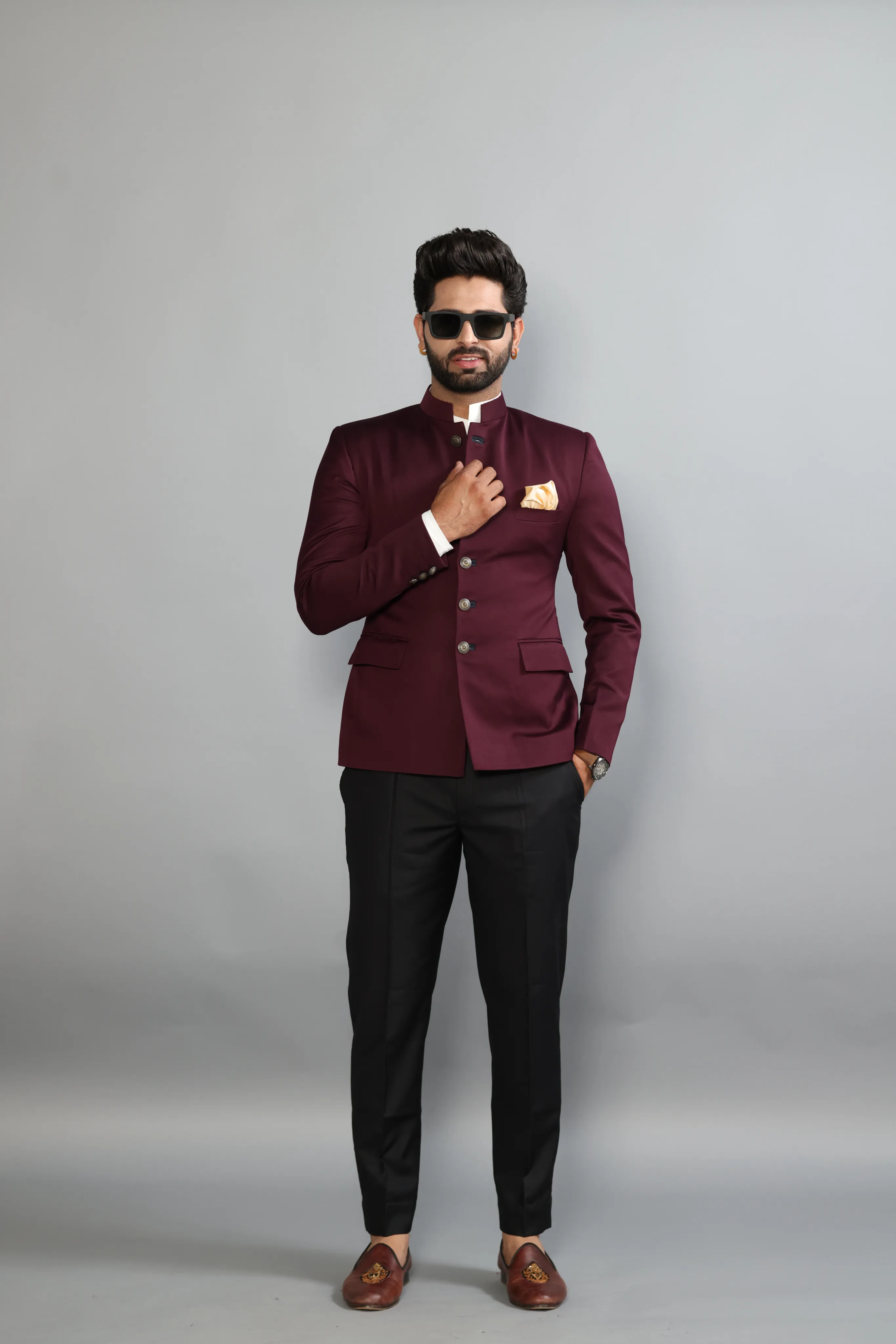 Elegant Wine Jodhpuri Band gala with Black Trouser |Terry Rayon| Perfect for Wedding and Party Wear|