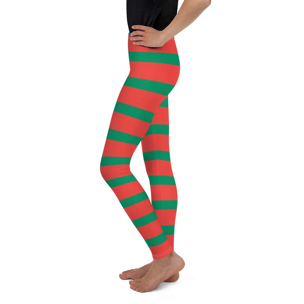 Elf Red Green Striped Youth Girls Leggings, Christmas Party Santa Xmas Holiday Costume Printed Graphic Yoga Pants Cute Workout
